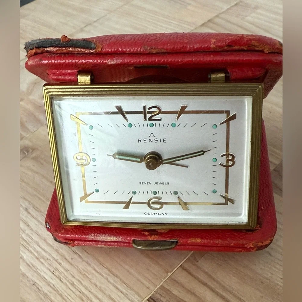 Rensie Travel Alarm Clark Rare Vintage Seven Jewels White Dial Red Leather Case
